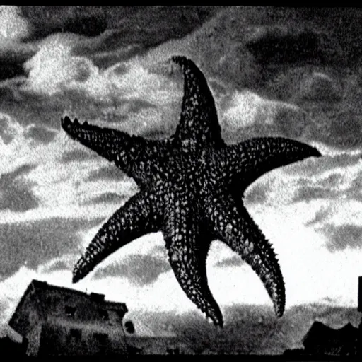 Image similar to a giant Kaiju Starfish Monster over a traditional Korean village, minimal cinematography by Akira Kurosawa, hyperrealistic movie filmstill, film noir, thriller by Fritz Lang