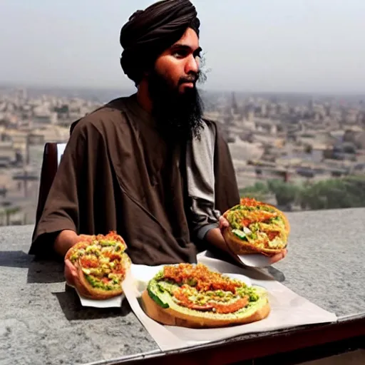 Image similar to Taliban member eating subway on top of a building