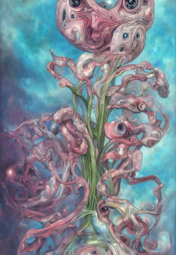 Image similar to a biomorphic painting of a vase with flowers and eyeballs in it, a surrealist painting by marco mazzoni, by dorothea tanning, pastel blues and pinks, lips, melting, plastic, featured on artstation, metaphysical painting, oil on canvas, fluid acrylic pour art, airbrush art, seapunk, rococo, lovecraftian