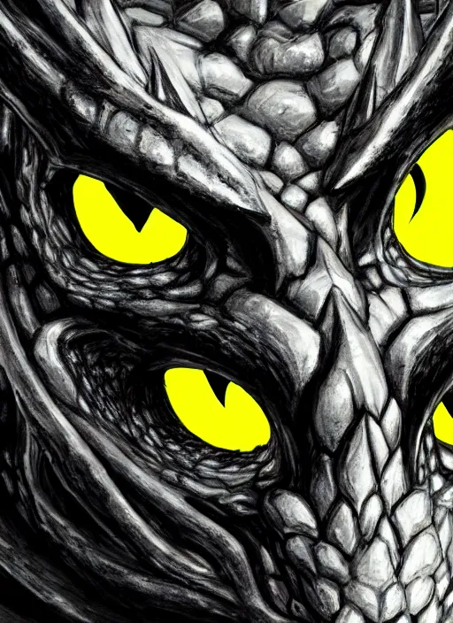 Image similar to closeup portrait of black dragon head with yellow eyes, ultra realistic, fantasy, magic, dnd,