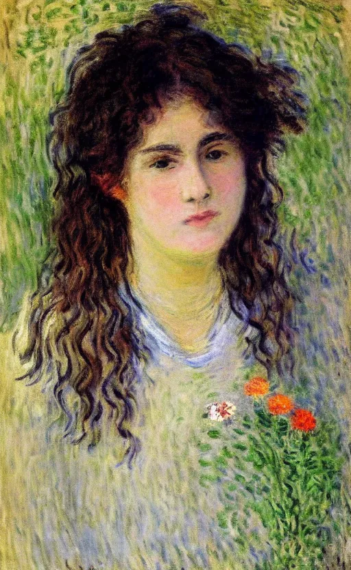 Image similar to portrait by claude monet! of a young woman, frizzy hair! short hair! flowers in the hair, 1 9 th century!