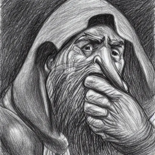 Prompt: dwarves miner digging through his nose looking for gold pencil drawing