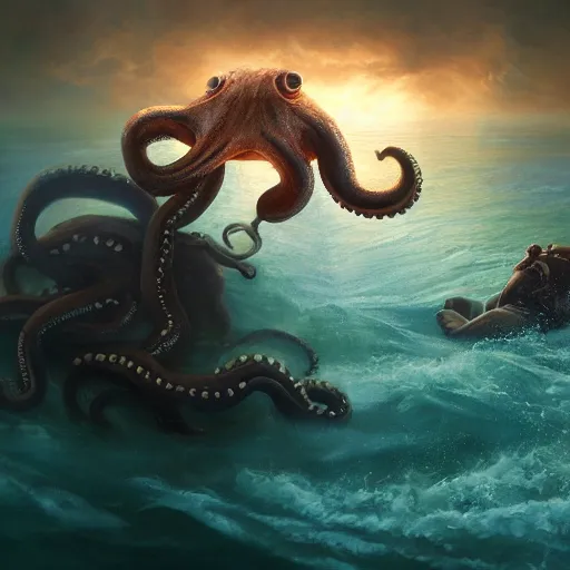 Prompt: a dream fantasy painting of a octopus attack a man in the deep of the ocean, by beksinki, antonio j. manzanedo, greg rutkowski, carne griffith trending on artstation, deviantart, photorealism, detailed, 8 k