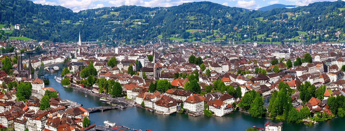 Image similar to Photo of Zurich, looking down the Limmat at the lake and the alps, Hardturm, Grossmünster, Lindenhof, Üetliberg, wide angle, volumetric light, hyperdetailed, light blue water, artstation, cgsociety, 8k