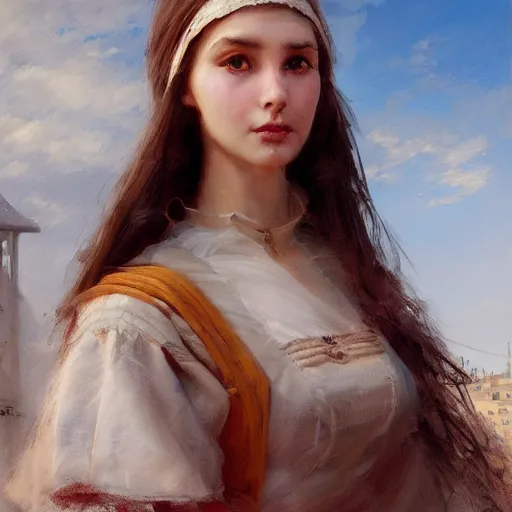 Image similar to a beautiful portrait painting of life in northern europe, masterpiece by famous artist nasreddine dinet and eugene de blaas and greg rutkowski and artgerm and wlop, path tracing, artstation