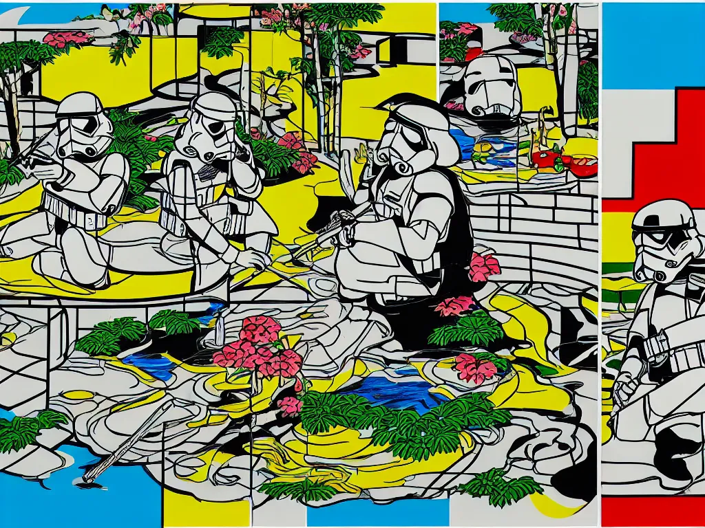 Image similar to detailed composition of the japanese home with a garden and a pond, 2 stormtroopers sitting around it, pop - art style, jacky tsai style, andy warhol style, roy lichtenstein style, rich palette, acrylic on canvas