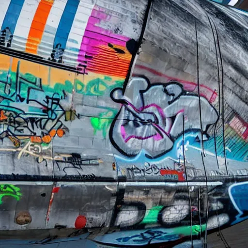 Image similar to a detailed photo of an airship full of graffiti