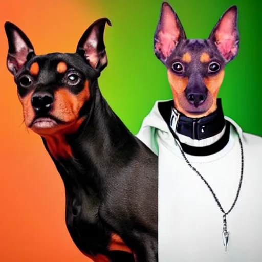 Image similar to a pinscher with snoop dogg head