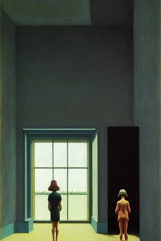 Prompt: twins, sisters, in the void, by the mirror, train station, woman poking tv in her head edward hopper and james gillard, zdislav beksinski, high detail alex colville, otto mueller, stephen conroy, sandro botticelli, andrew newell wyeth, daniel meidman jussi picho octane rendering