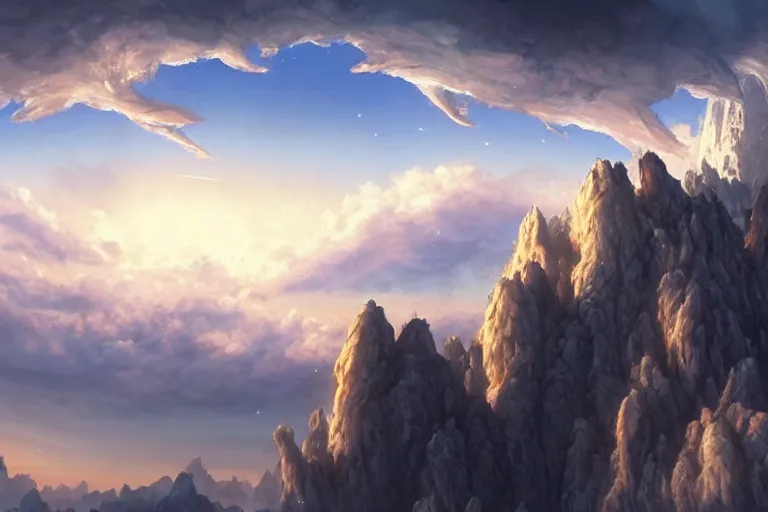 Image similar to great big giants slashing the drop of a clouds from sky. fantasy, highlight scene of the movie, high quality, highly detailed 8 k, unreal engine 5, scene of myth, art by hiroaki samura and jiro matsumoto and yao wang from artstation