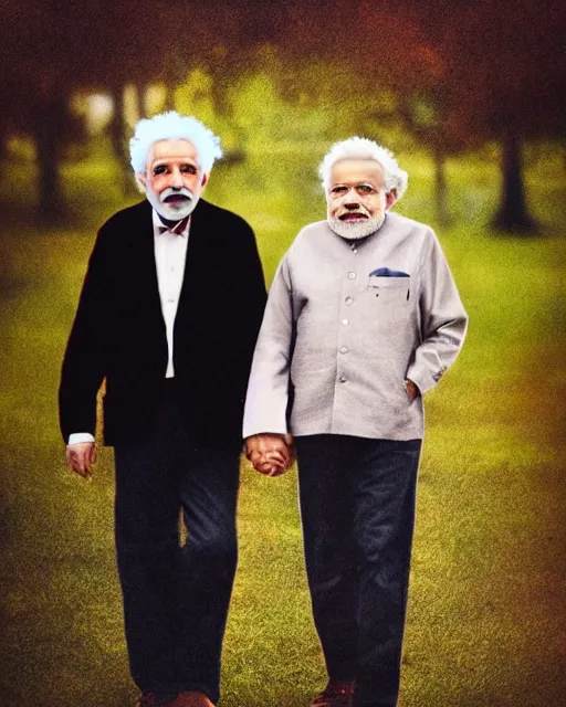 Prompt: a portrait of einstein and modi walking whilst holding hands, highly detailed, trending on artstation, bokeh, 9 0 mm, f / 1. 4