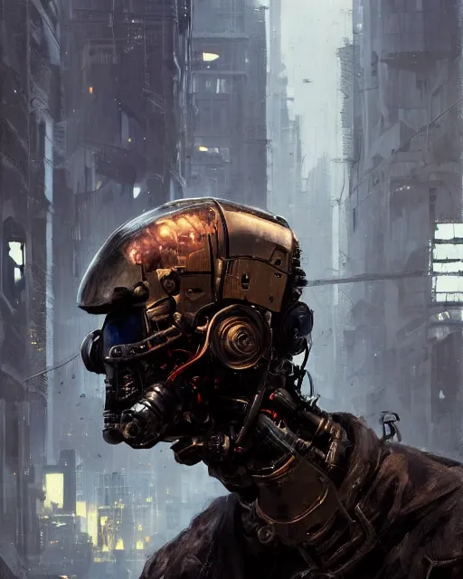 Prompt: a masked rugged engineer man with cybernetic enhancements lost in the city, scifi character portrait by greg rutkowski, esuthio, craig mullins, 1 / 4 headshot, cinematic lighting, dystopian scifi gear, gloomy, profile picture, mechanical, half robot, implants, dieselpunk