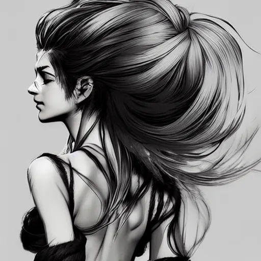 Prompt: beautiful long hairstyle, pinterest hair picture, back of the hair, long In style of Yoji Shinkawa and Hyung-tae Kim, concept art, highly detailed-H 704