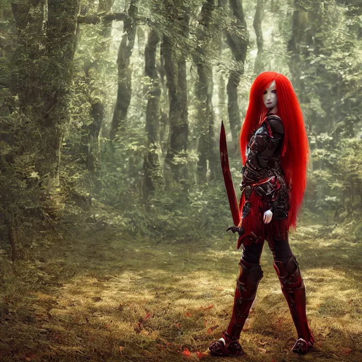 Image similar to a girl with long red hair wearing a red plate armor and holding a big red toothed sword in a forest, 3d render, octane render, unreal engine 5, 8k hdr, hyperrealistic, highly detailed, high quality, concept art, trending on Artstation, full-body armor,