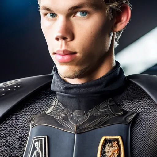 Image similar to medium face shot of adult Austin Butler !!with exposed head!!, dressed in black-prussian blue futuristic-tudoresque clothing with embroidered-Ram-emblem, and nanocarbon-vest, in an arena in Dune 2021, XF IQ4, f/1.4, ISO 200, 1/160s, 8K