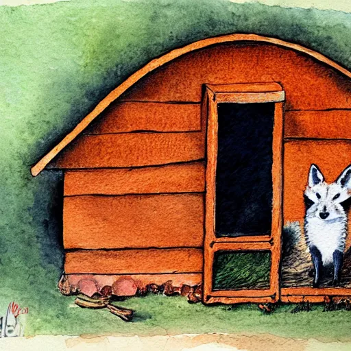 Image similar to a fox in a hen house, watercolor illustration,