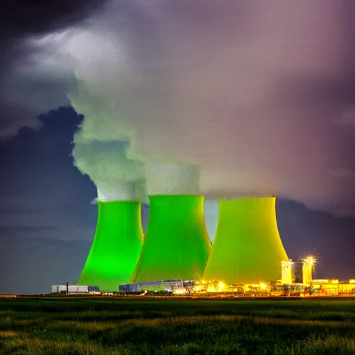 Image similar to nuclear power plant glowing green during a stormy night, award winning photography