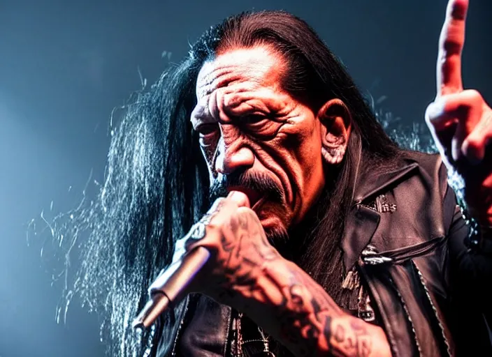 Image similar to publicity photo still of danny trejo in cradle of filth playing live on stage, 8 k, live concert lighting, mid shot