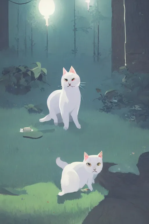 Prompt: a moment of pure bliss, the white cat in front of the small house in the forest, james gilleard, atey ghailan, character art, exquisite lighting, clear focus, very coherent, plain background, very detailed, vibrant, dramatic painting