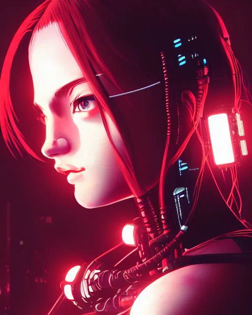 Image similar to a detailed potrait of a cyberpunk cyborg girl with black and red parts, perfect face, realistic shaded perfect face, detailed. night setting. very anime style. realistic shaded lighting poster by ilya kuvshinov katsuhiro, unreal engine, global illumination, radiant light, detailed and intricate environment