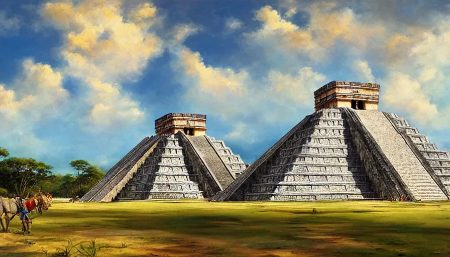 Prompt: excellent painted mayan city Chichen Itza 900 AD in a wide epic beautiful landscape somewhere in mexico with fluffy clouds, painted by Hans Fredrik Gude, Greg Rutkowksi, Craig Mullins and Artgerm, masterpiece, 4k, ultra realistic highly detailed oil painting