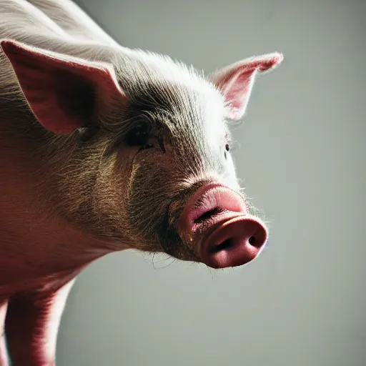 Prompt: photo of a pig sitting in a gaming chair next, taken with canon eos - 1 d x mark iii, bokeh, sunlight, studio 4 k