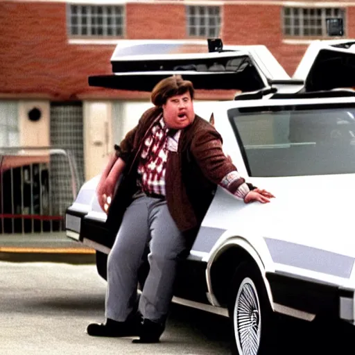 Image similar to a film still of john candy as marty in back to the future ( 1 9 8 5 )