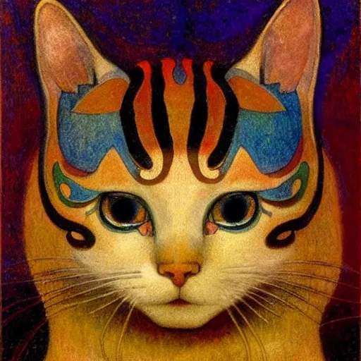 Prompt: cloisonne cat head, by annie swynnerton and diego rivera and nicholas roerich and jean delville, symbolist, dramatic lighting, god rays, elaborate geometric ornament, art brut, rich colors, smooth, sharp focus, extremely detailed, adolf wolfli and ( donato giancola )