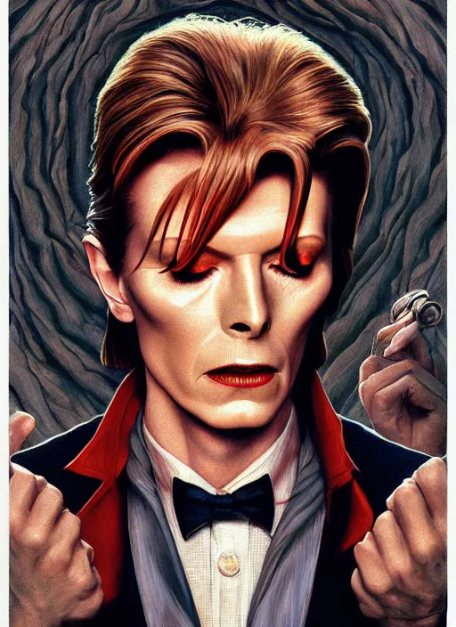 Image similar to twin peaks poster art, portrait of david bowie will he find the way out, by michael whelan, rossetti bouguereau, artgerm, retro, nostalgic, old fashioned