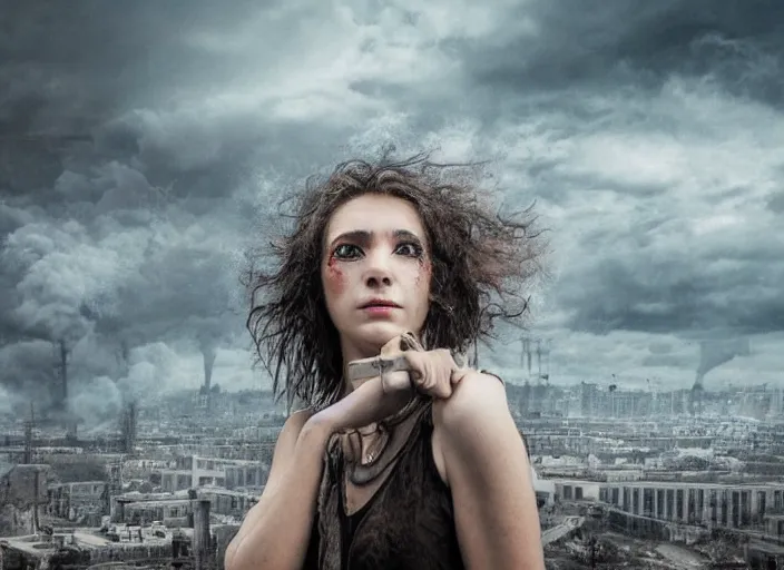 Image similar to mysterious sad rotten girl wrapped in smoke observing a big industrial city metropoli in the distance, cloudy sky, highly detailed, detailed face, intricate complexity, epic composition, magical atmosphere, cinematic lighting, masterpiece, color picture, ultra hd