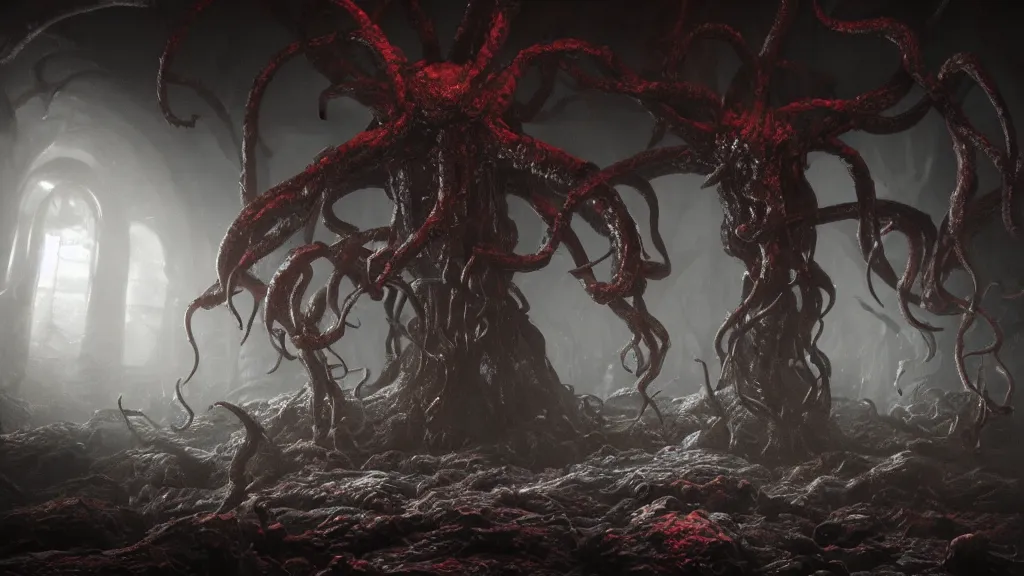 Image similar to Shub-Niggurath, horror, eldritch, 8K, concept art, DSLR, filmic, HDR, hyperrealism, Unreal Engine, volumetric lighting, Darkart