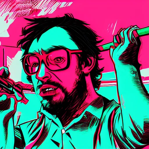 Prompt: sam hyde in hotline miami 2, game box art, high detail, high quality