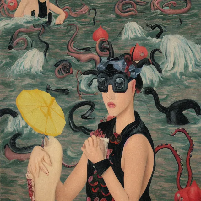 Prompt: tall female catgirl artist wearing a pig mask in her flooded apartment, mushrooms, octopus, water gushing from ceiling, painting of flood waters inside an artist's apartment, a river flooding indoors, pomegranates, ikebana, zen, rapids, waterfall, black swans, canoe, berries, acrylic on canvas, surrealist, by magritte and monet