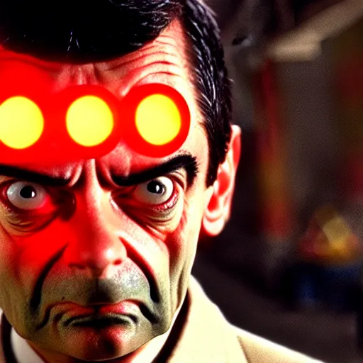 Prompt: mr. bean as the terminator. movie still. red glowing eye. t 1 0 0 0, cinematic lighting.