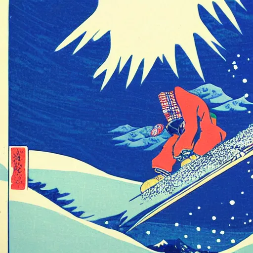 Image similar to snowboarder snowboarding woodblock print, style of hokusai, fine art, style of kanagawa, painting