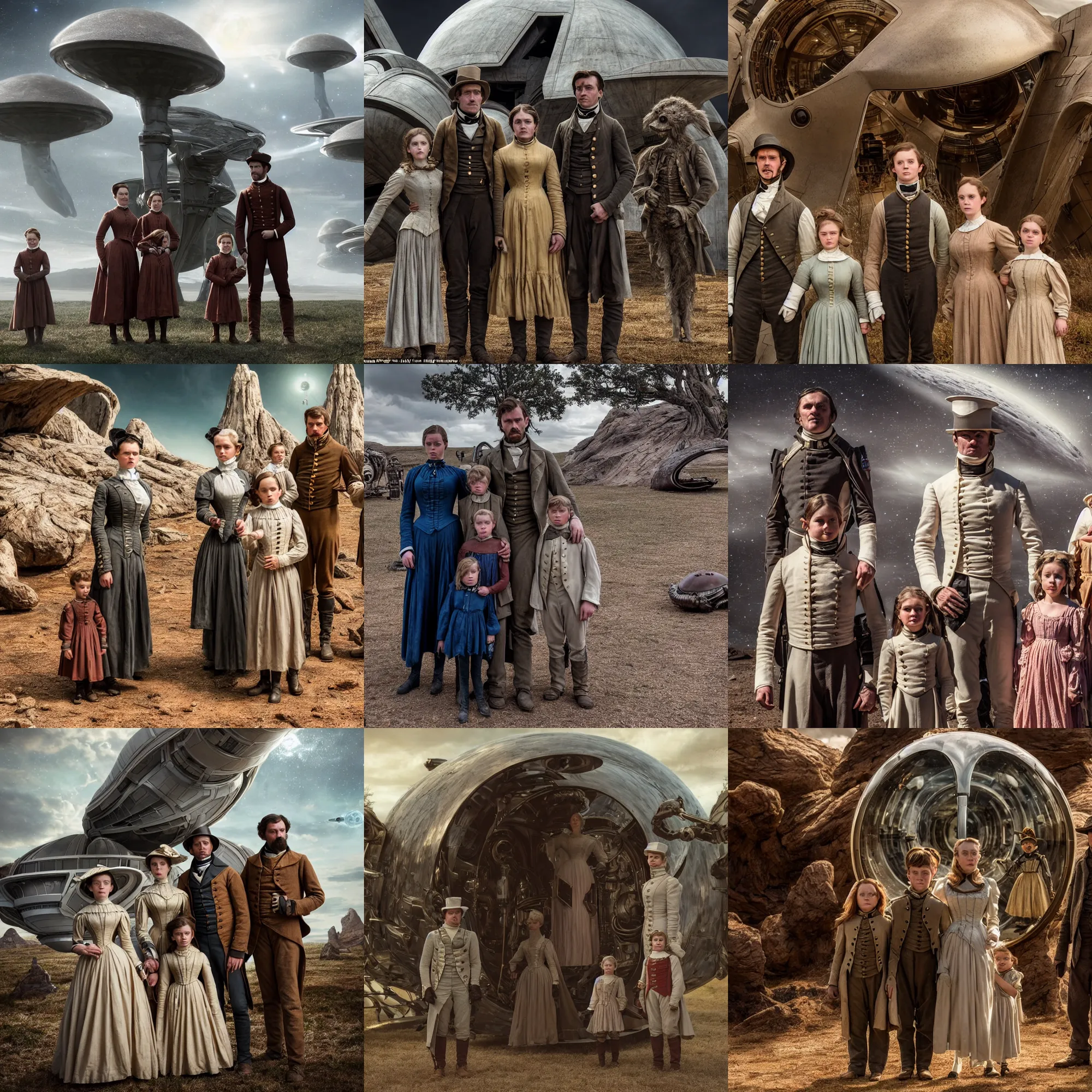 Prompt: sharp, highly detailed, from a 2 0 1 9 sci fi 8 k movie, set in 1 8 5 0, a family standing in front of their spaceship that has just landed on an alien planet, wearing 1 8 5 0 s clothes, atmospheric lighting, in focus, reflective eyes, 3 5 mm macro lens, live action, nice composition