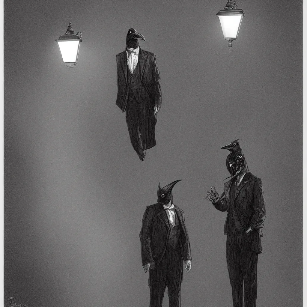 Image similar to a highly detailed portrait of a man wearing a suit and a raven mask standing in the middle of a street illuminated by a lone street lamp, by gerald brom, cinematic lighting, detailed drawing