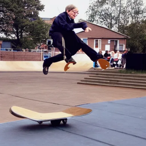 Prompt: Stephen Hawking doing a flip off a ramp at a skate park