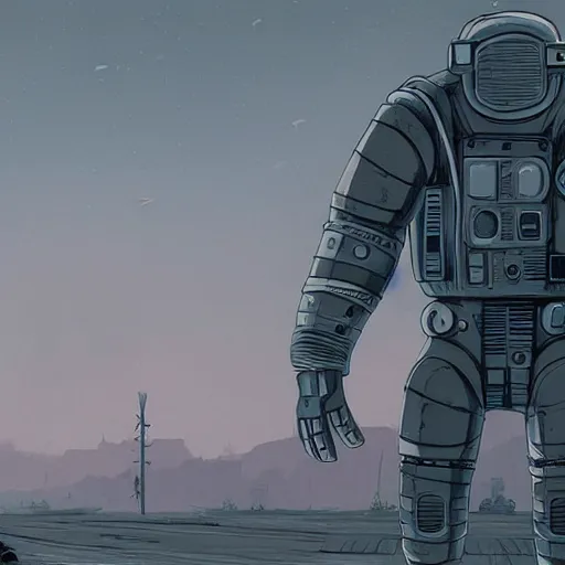 Prompt: astronaut panzerwolf made of steel, in heavy armor, by simon stalenhag, by ian pesty and alena aenami and makoto shinkai, concept art, matte painting, washed colors,