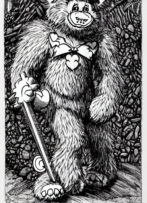 Image similar to a care bear as a d & d monster, on square background, pen - and - ink illustration, etching, by russ nicholson, david a trampier, larry elmore, 1 9 8 1, hq scan, intricate details, high contrast