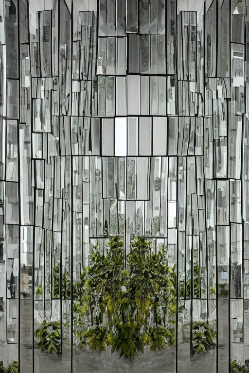 Prompt: Medium Format Portrait Photo of a modern architectural interior made of mirrors with many beautiful plants and flowers. award winning, slim Arrons style, highly detailed, depth of field, Kodachrome, wide shot, photo print.