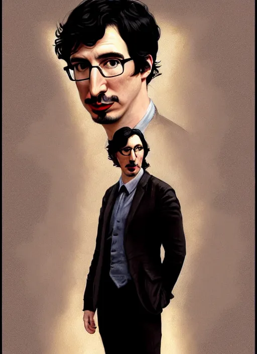 Image similar to painting of both john oliver and adam driver together, adam driver behind, john oliver in front, stoic, full body, military uniform, fantasy, elegant, beautiful, highly detailed, centered, dark, smokey, digital painting, concept art, smooth, sharp focus, illustration, deviant art, art by greg rutkowski, art by alphonse mucha