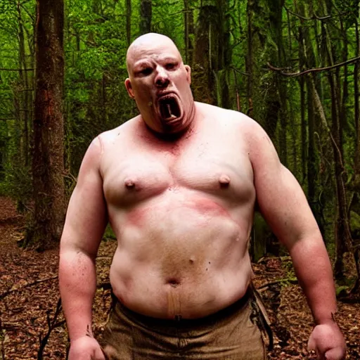 Image similar to big butcher man posing scarily, earie setting, in a forest, horror, hyperdetailed