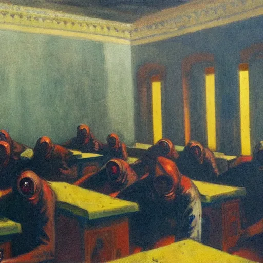 Image similar to apocalyptic scene,prayer,occult,refugees,mosque synagogue interior,gas masks,geometric art,patina,edward hopper