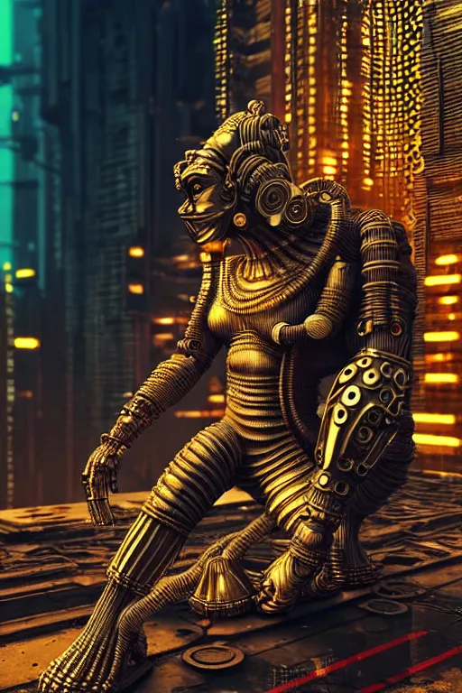 Image similar to high quality 3 d render brutalist cyborg! hanuman sitting, gold madhubani, highly detailed, cyberpunk!! mumbai in the background, unreal engine cinematic smooth, szukalski & blade runner, moody neon light, low angle, uhd 8 k, sharp focus