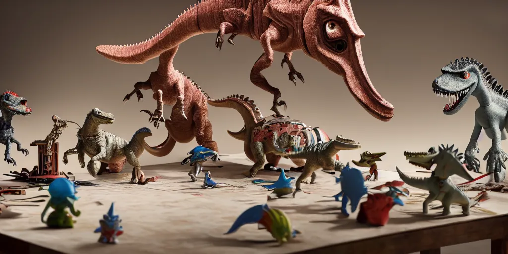 Image similar to closeup portrait of tin toy knights riding dinosaurs fighting on white paper table in an artist workshop, depth of field, zeiss lens, detailed, centered, fashion photoshoot, by nicoletta ceccoli, mark ryden, lostfish, breathtaking, 8 k resolution, extremely detailed, beautiful, establishing shot, artistic, hyperrealistic, octane render