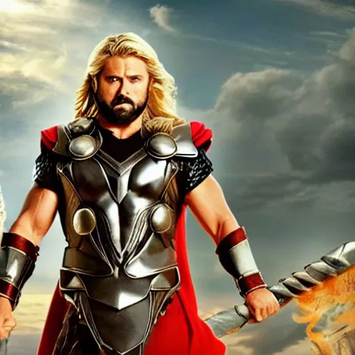 Image similar to film still of rocking star yash as thor in thor ragnarok