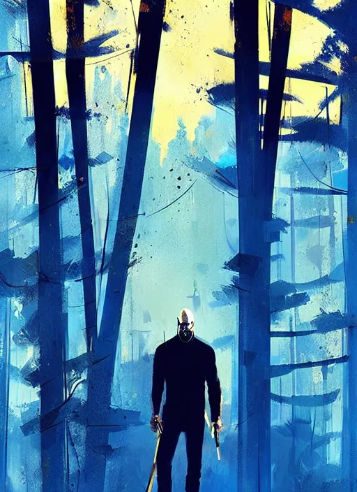 Image similar to horror art, jason statham vampire hunter, blue and gold trees in the background, art by ismail inceoglu