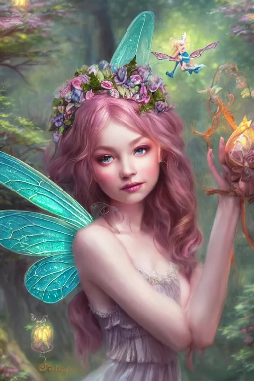 Image similar to a cute fairy in the dreamy forest, fantasy, 8 k resolution, hyper detailed, d & d, character design, digital painting, trending on artstation, sharp focus, illustration, art by artgerm, steve zheng, fuji choko, viktoria gavrilenko, hoang lap