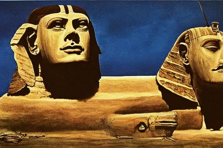 Image similar to john cleese as the sphinx, the sphinx with the head of john cleese, young john cleese's head on the sphinx, painting by salvador dali